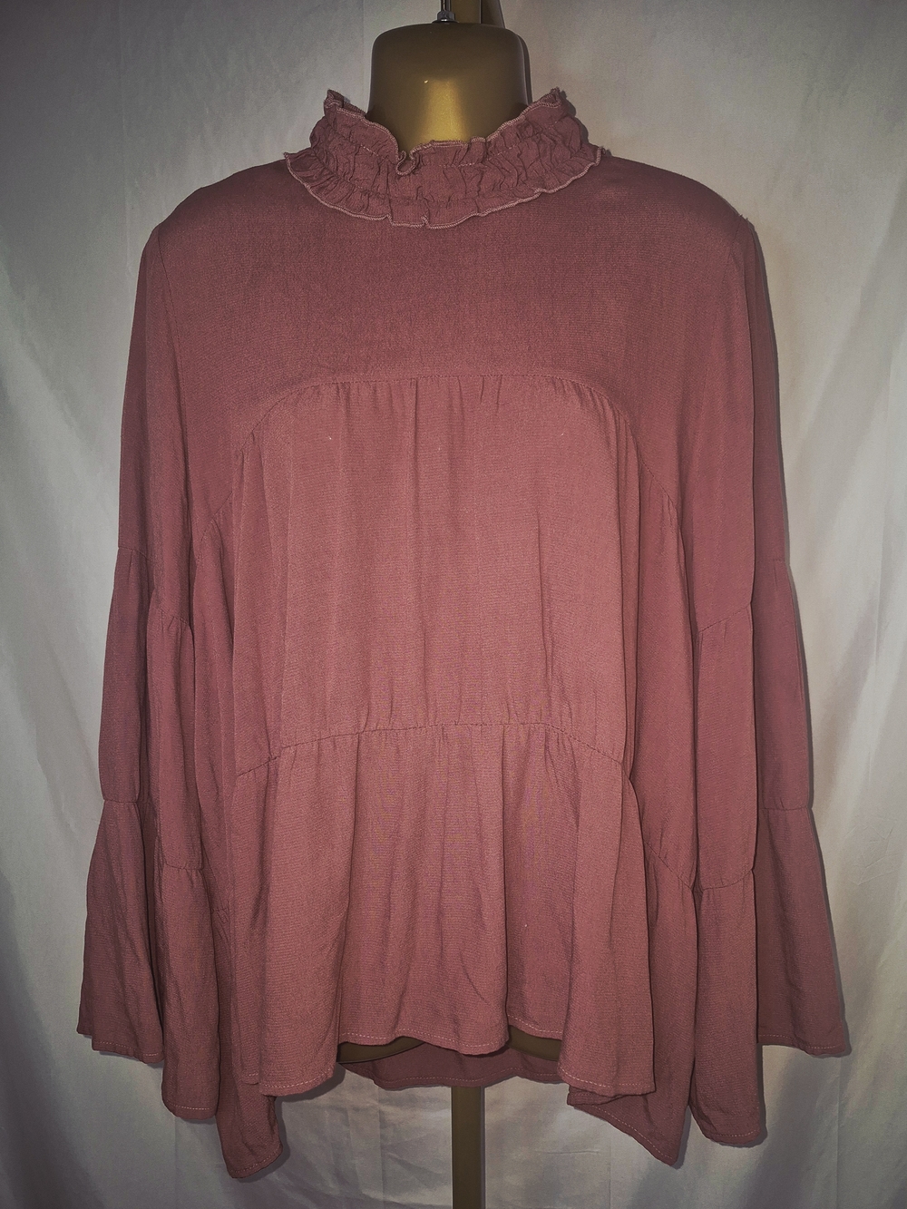 ZARA Dusty Rose Ruffled Mock Neck Tiered High-Low Tunic Top Sz L